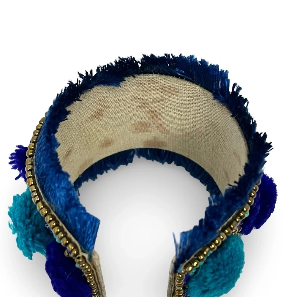 Bohemian Blue and Gold Textile Beaded Cuff Bracelet